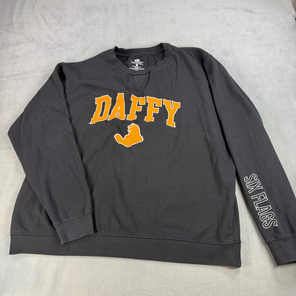 Vintage Looney Tunes Daffy Duck Six Flags Sweatshirt Black Orange 3XL